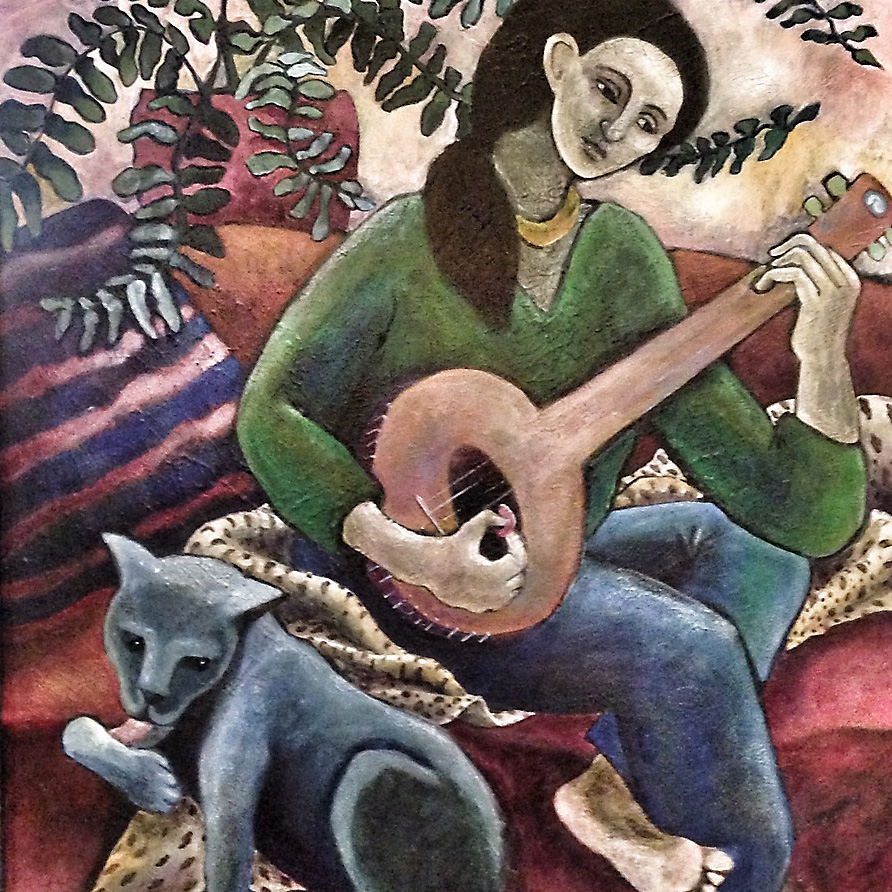 Woman with Banjo and Cat